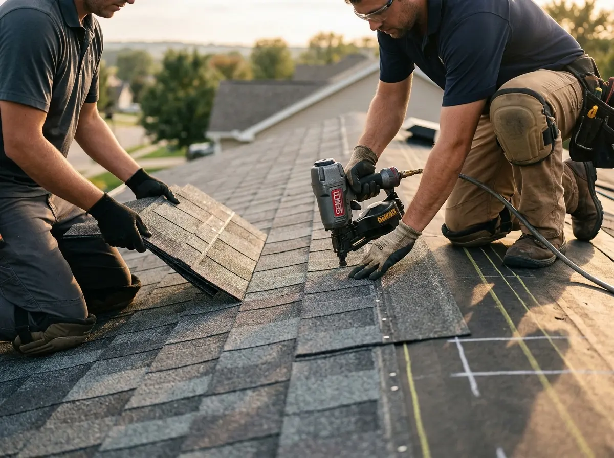 Professional roofer working on a residential roof in Bourbonnais